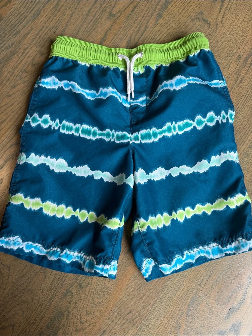 Lands' End Boys Teal Swim Trunks with Lime Waistband
